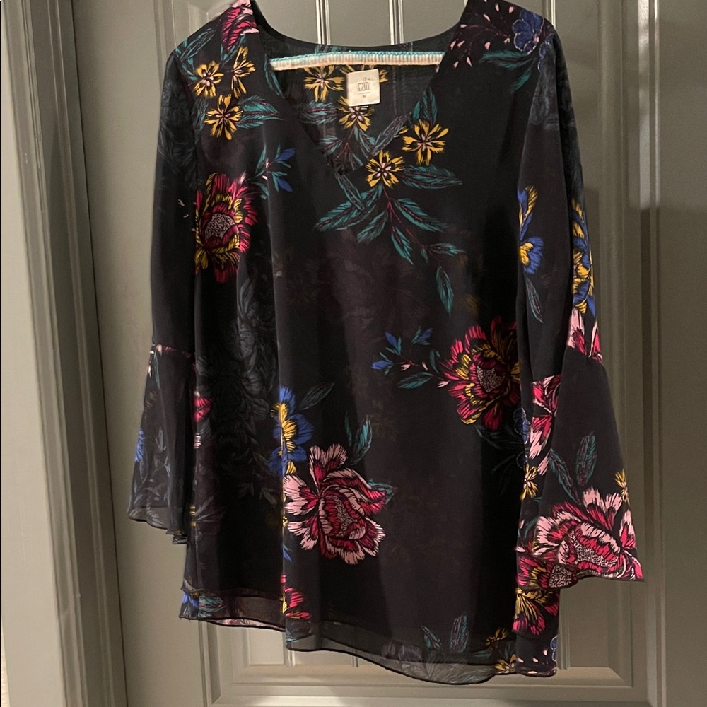 CAbi Black Floral V-Neck Bell Sleeve Tunic with Pink, Yellow & Blue Accents